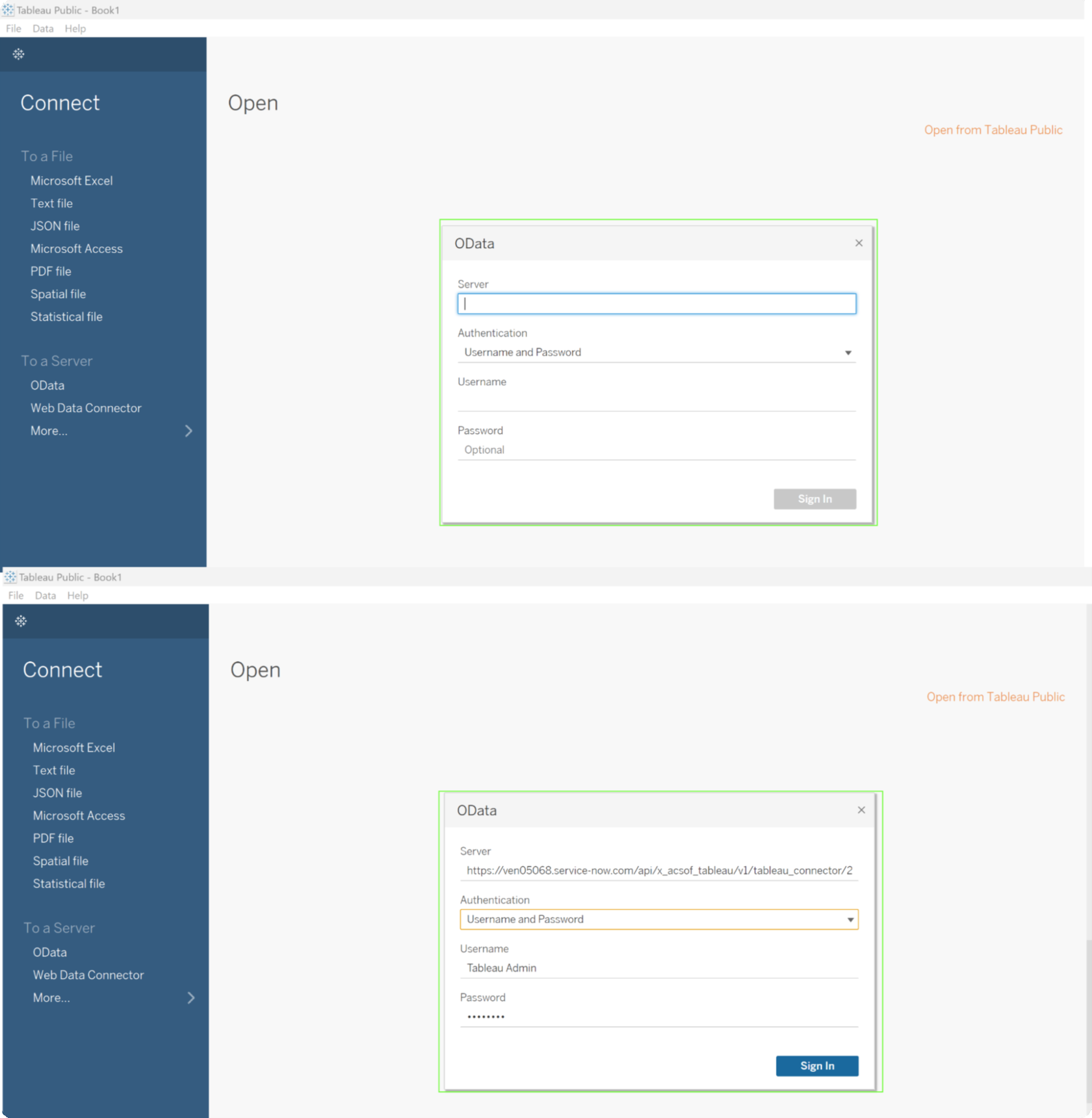 import OData in Tableau Connector 